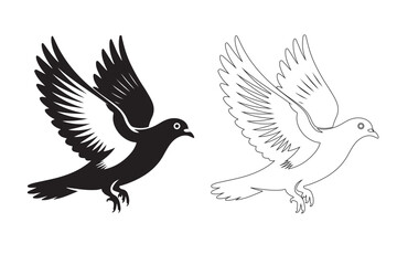 Obraz premium A Pigeon in Flight, Rendered as a Black and White Vector Illustration with Detailed Wings.