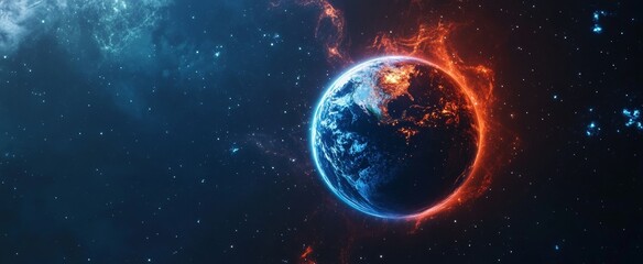 Obraz premium Digital planet Earth with glowing blue and orange light rays, fiber optic cables lines in the space background. Global network concept, digital technology banner design.