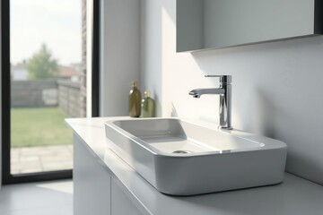 Sleek modern bathroom sink with minimalist faucet and chrome fixtures , ceramic, water, simple