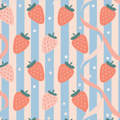 Pattern image vector features strawberries, ribbons, and dots.
