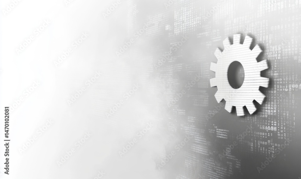 Poster abstract gray and white background with a gear, circle, and binary code vector, a tech digital techn