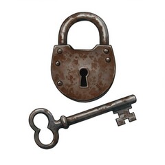 Rusty Antique Lock and Key on White Background