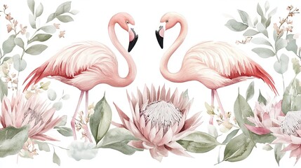 Elegant Flamingo Watercolor Painting Amidst Botanical Floral Arrangements