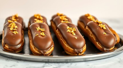 Chocolate Eclairs on Metal Tray