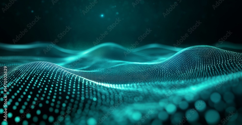 Poster abstract digital background with glowing green and teal lines forming an illuminated futuristic holo