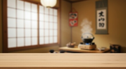 Wooden Tabletop in Blurred Japanese Kitchen Setting - A clean, empty wooden table in front of a softly blurred Japanese kitchen scene. Symbols of warmth, serenity, tradition, culinary artistry