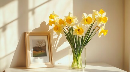 Radiant Spring Daffodils in a Glass Vase: A Bright and Cheerful Still Life Arrangement