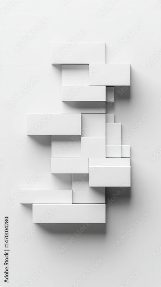 Poster abstract arrangement of white rectangular blocks casting shadows against a minimalist white backdrop
