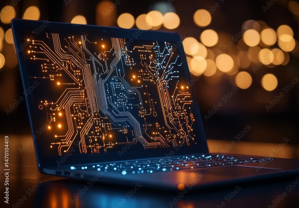 Poster a laptop with digital circuitry and data flowing through it, symbolizing the integration of ai techn