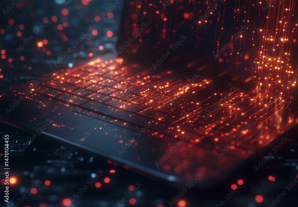 Poster a laptop with digital circuitry and data flowing through it, symbolizing the integration of ai techn
