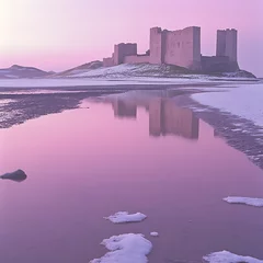 Keuken achterwand Reflectie Snowy coastal castle reflected in a tranquil, pastel-hued water.  © Berkah