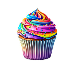 Cupcake with rainbow frosting and sprinkles.