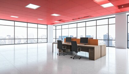 Modern empty office space with red ceiling and panoramic city view.