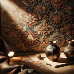 Ornate floral wall art with golden accents and decorative vases in warm studio light