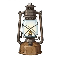 Vintage Metal and Wood Oil Lantern with Glowing Flame