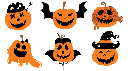 A set of Halloween pumpkin vector horror on white background, Jack-o-Lantern on white background. Scary pumpkin.