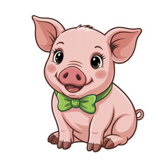 Cute Cartoon Pig with Green Bow Tie - Happy, Playful, and Adorable Animal Illustration
