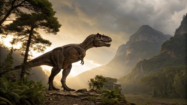 Ferocious Tyrannosaurus Rex Roaring in Dense Jungle under Prehistoric Skies