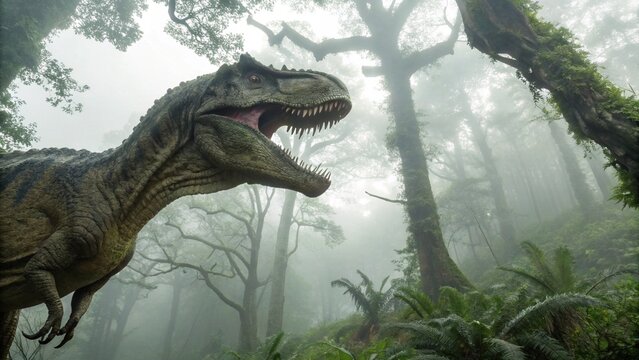 Ferocious Tyrannosaurus Rex Roaring in Dense Jungle under Prehistoric Skies