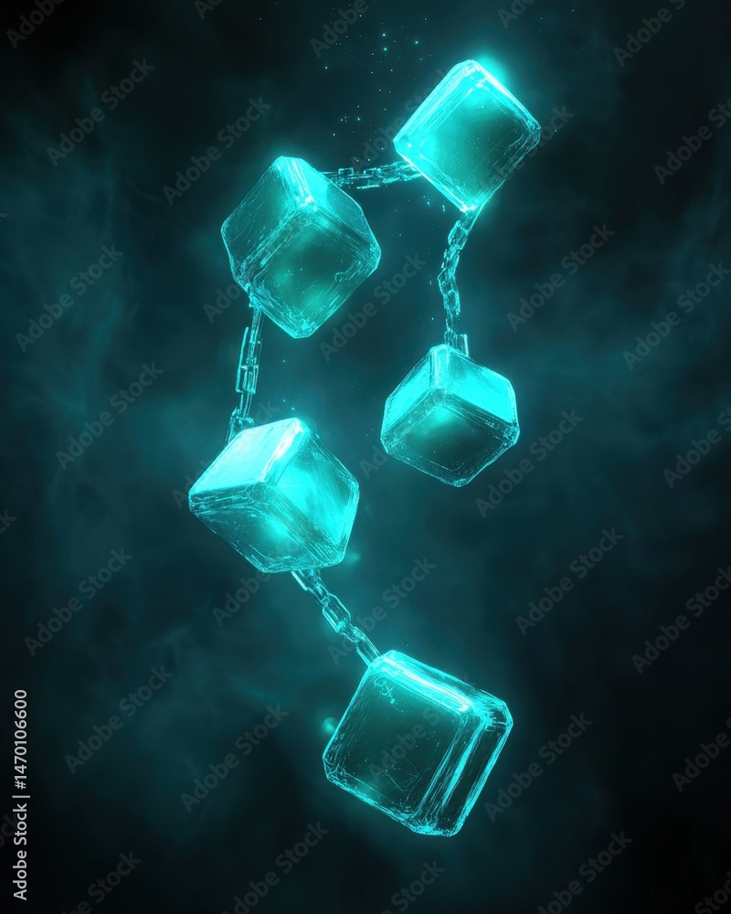 Poster abstract depiction of glowing turquoise cubes linked by chains against a dark background with smoky 