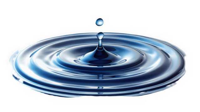 A close-up of a water droplet falling into a pool, creating ripples in a mesmerizing blue tone, highlighting the fluid dynamics and shimmer of water.