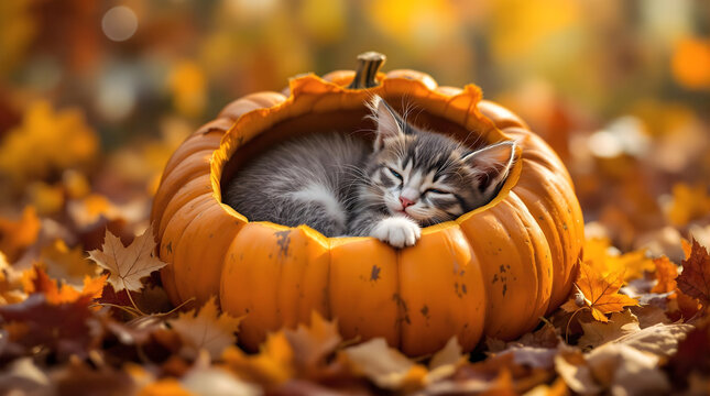 Adorable Kitten Napping in a Pumpkin Autumn Charm