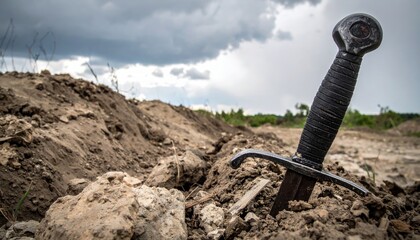 Sword in Stone: An ancient sword, embedded in the earth, stands as a symbol of might and historical intrigue, against the dramatic backdrop of a stormy sky.