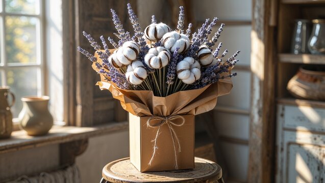 This image features a charming floral arrangement composed of lavender and cotton flowers, beautifully arranged in a rustic setting. The bouquet is placed in a brown paper wrap, tied with a simple twi