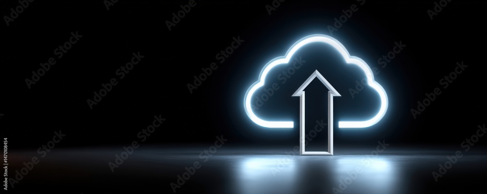 Poster glowing cloud with an upward arrow symbolizes cloud upload and digital data transfer on a dark backg
