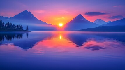 Majestic mountain reflection at sunset on a tranquil lake