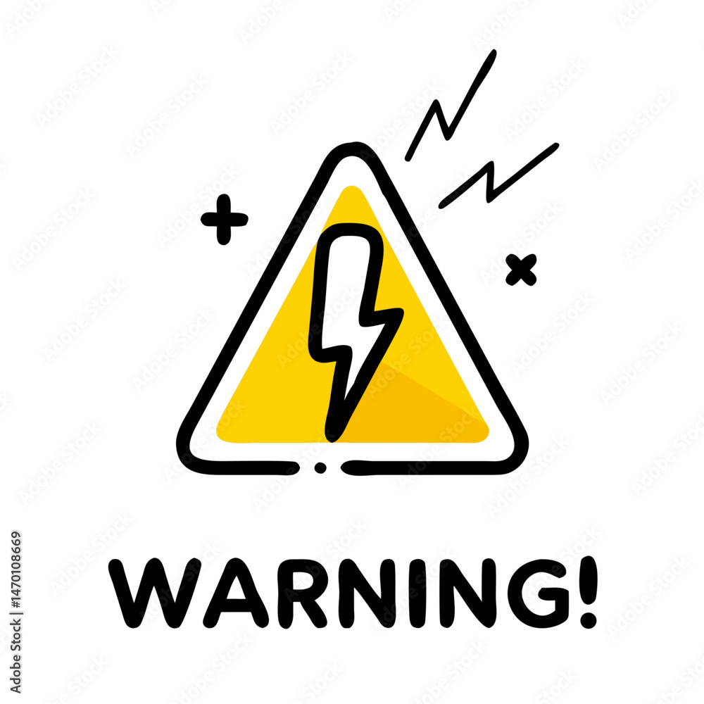Poster warning sign with a lightning bolt and exclamation mark on a bright background