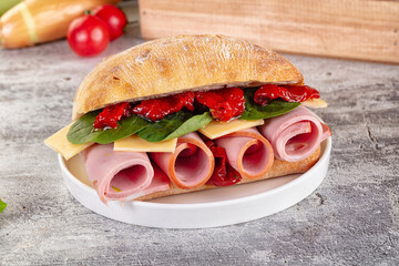 Ciabatta with mortadella, tomato, cheese and spinach