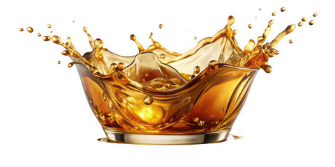 A dynamic splash of amber liquid captured in a beautiful glass bowl, showcasing vibrant colors and intricate details of the motion and texture.