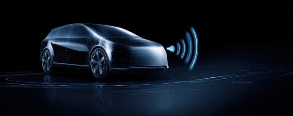 Futuristic digital rendering of a self-driving car using sensors to navigate, highlighting advanced automotive technology.