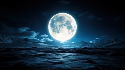 An enchanting full moon dominates the starry sky, creating a breathtaking view that blends natural beauty with the mystery of the cosmos, inviting contemplation and wonder.