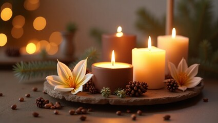 Cena aconchegante de inverno com velas acesas em recipientes de cerâmica 