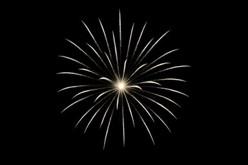Fototapeta premium Single white firework burst on black night sky background, minimalist festive explosion symbolizing celebration, freedom, and New Year or Independence Day event visuals in clean style.