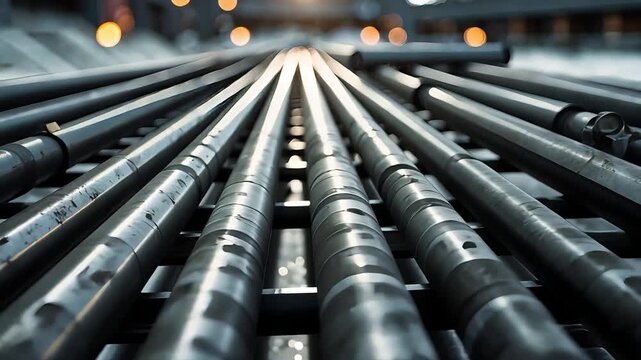 Close-up view of industrial metal pipes arranged in parallel lines with shallow depth of field and factory lights in a manufacturing facility

