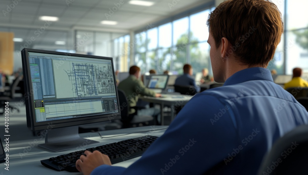 Poster a man in a blue shirt is working on a computer with mechanical design software. people are sitting a