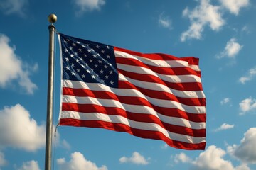 Obraz premium American flag waving proudly on a flagpole against a blue sky with scattered clouds, symbolizing patriotism, freedom, and national pride in a clean, inspiring outdoor scene.
