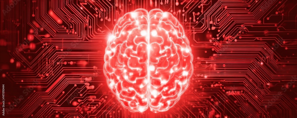 Poster a glowing brain is depicted at the center of a red, illuminated circuit board background, symbolizin