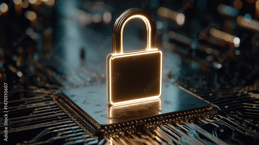 Poster a metallic padlock stands on a computer chip, symbolizing cybersecurity and data protection in a dig