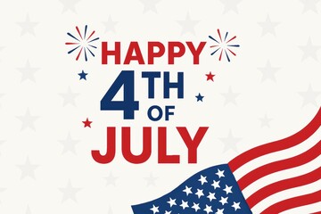 A bold and festive graphic celebrating Independence Day in the United States. The design features the text “Happy 4th of July” in a mix of red and blue fonts, surrounded by small fireworks icons