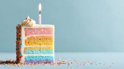 Colorful Pastel Cake Slice with Whipped Topping Lit Candle and Sprinkled Icing Layers