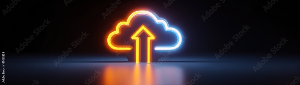 Poster neon cloud icon with an upward arrow, symbolizing cloud upload or data transfer, on a dark backgroun