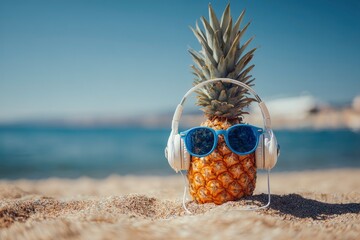 Pineapple with Sunglasses and Headphones on Beach