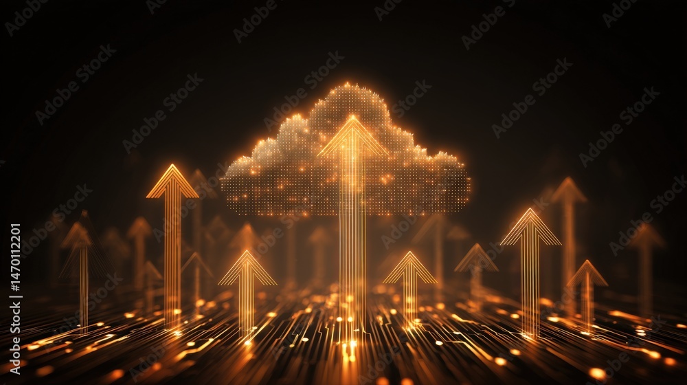 Poster glowing arrows point to a digital cloud, symbolizing cloud computing, data transfer, and technologic