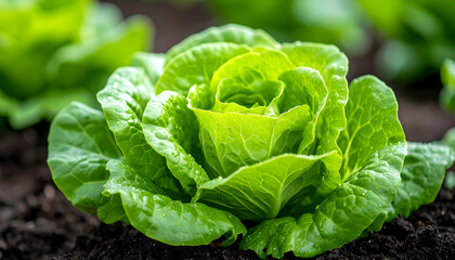 Vibrant Lettuce: A fresh, organic head of lettuce thrives, its lush green leaves unfurling in a garden bed, symbolizing health and natural freshness.