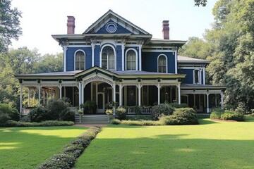 Fototapeta premium Victorian home with wide porch and detailed trim