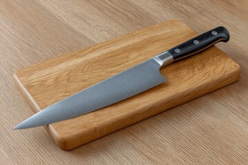 Sleek Chef's Knife on Oak Cutting Board: Minimalist Kitchen Still Life